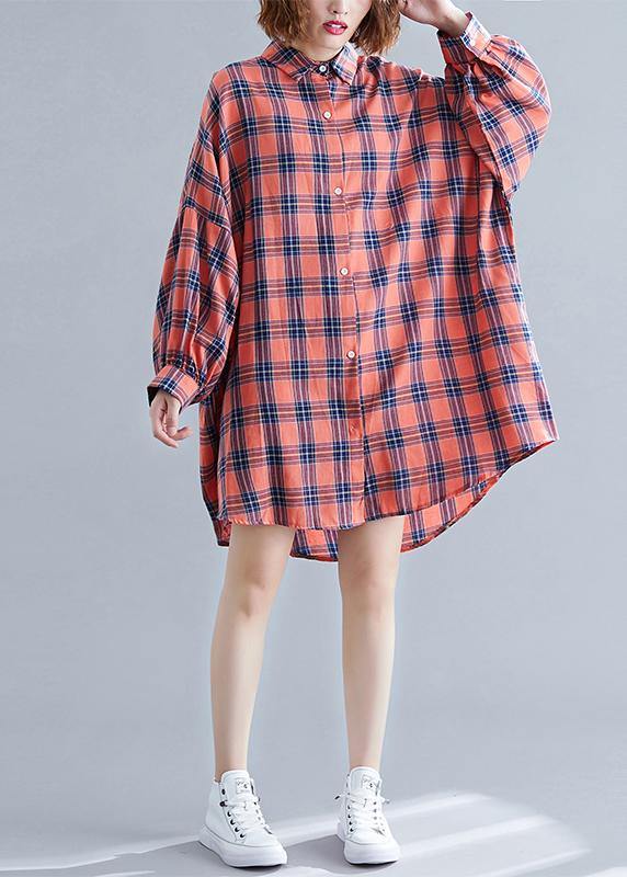 Vintage Orange Stand Collar Plaid Tops Spring - Omychic