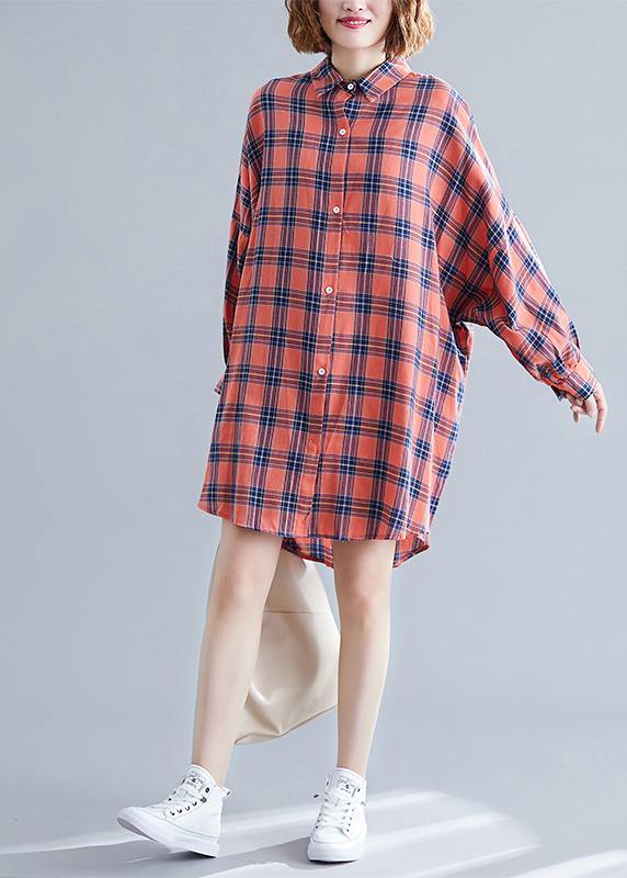 Vintage Orange Stand Collar Plaid Tops Spring - Omychic