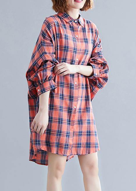 Vintage Orange Stand Collar Plaid Tops Spring - Omychic