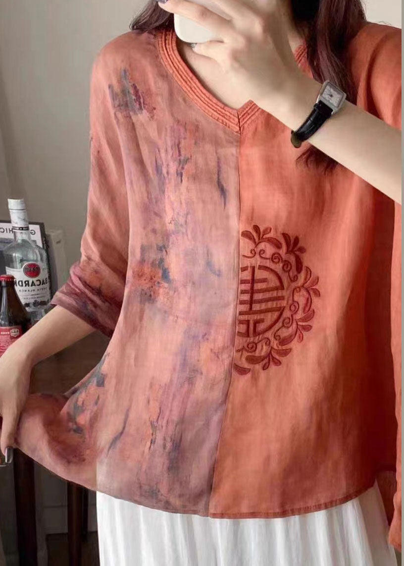 Vintage Orange V Neck Embroideried Print Patchwork Linen Shirt Tops Summer