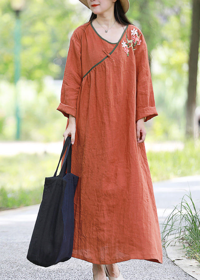 Vintage Orange V Neck Embroidery Linen Dress Long Sleeve