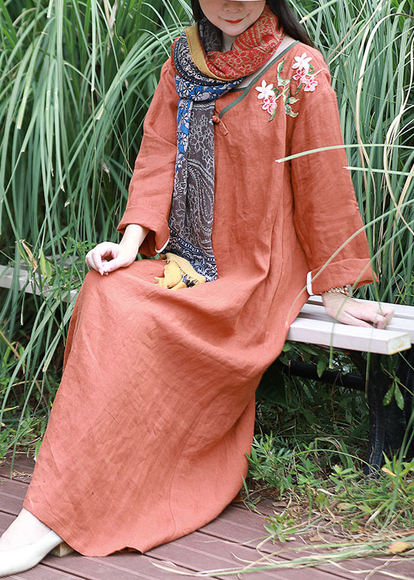 Vintage Orange V Neck Embroidery Linen Dress Long Sleeve