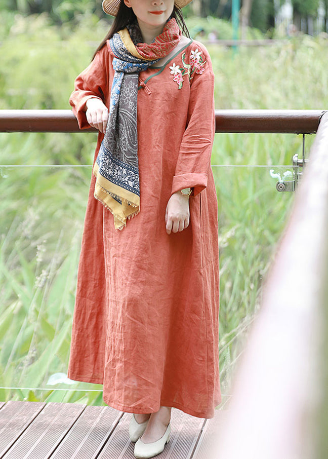 Vintage Orange V Neck Embroidery Linen Dress Long Sleeve
