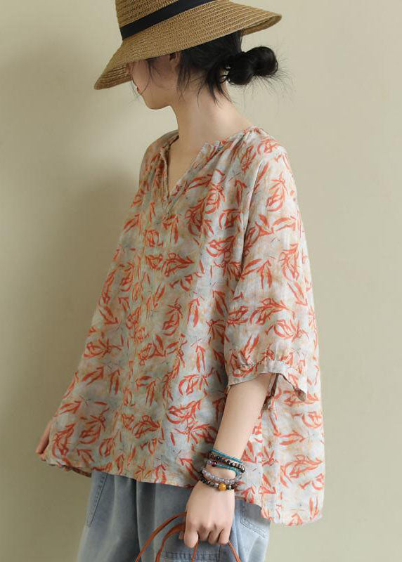 Vintage Orange V Neck Print Patchwork Cotton Shirt Summer