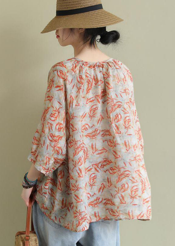 Vintage Orange V Neck Print Patchwork Cotton Shirt Summer