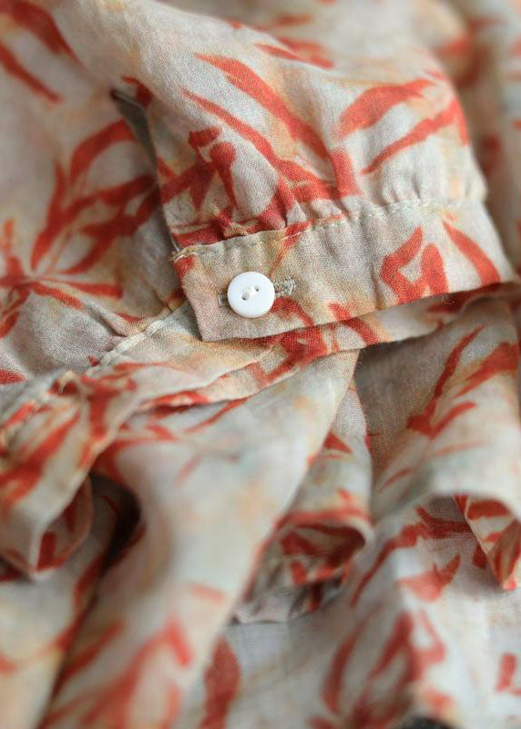 Vintage Orange V Neck Print Patchwork Cotton Shirt Summer
