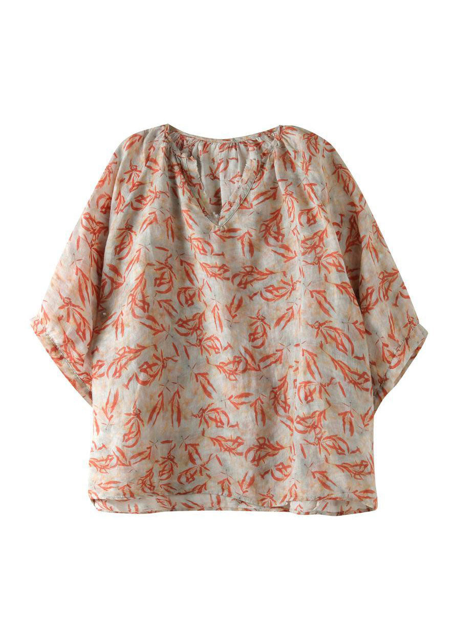 Vintage Orange V Neck Print Patchwork Cotton Shirt Summer