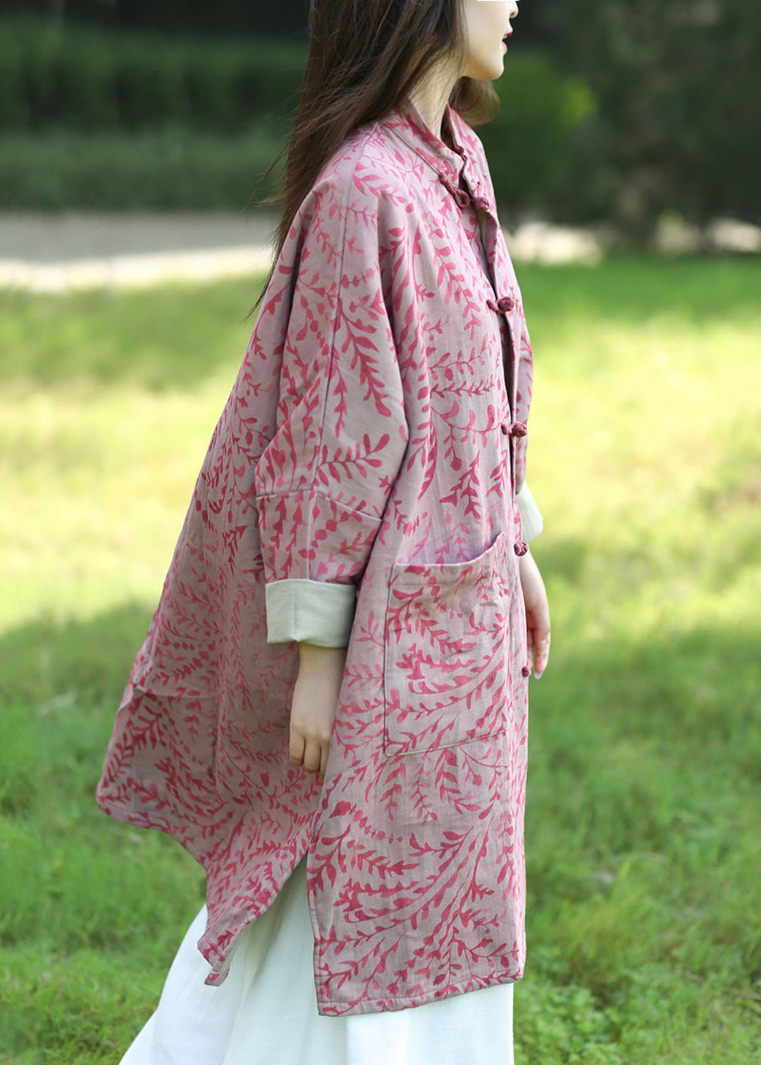 Vintage Pink Batwing Sleeve Oriental Button Pockets Print Cotton Coat