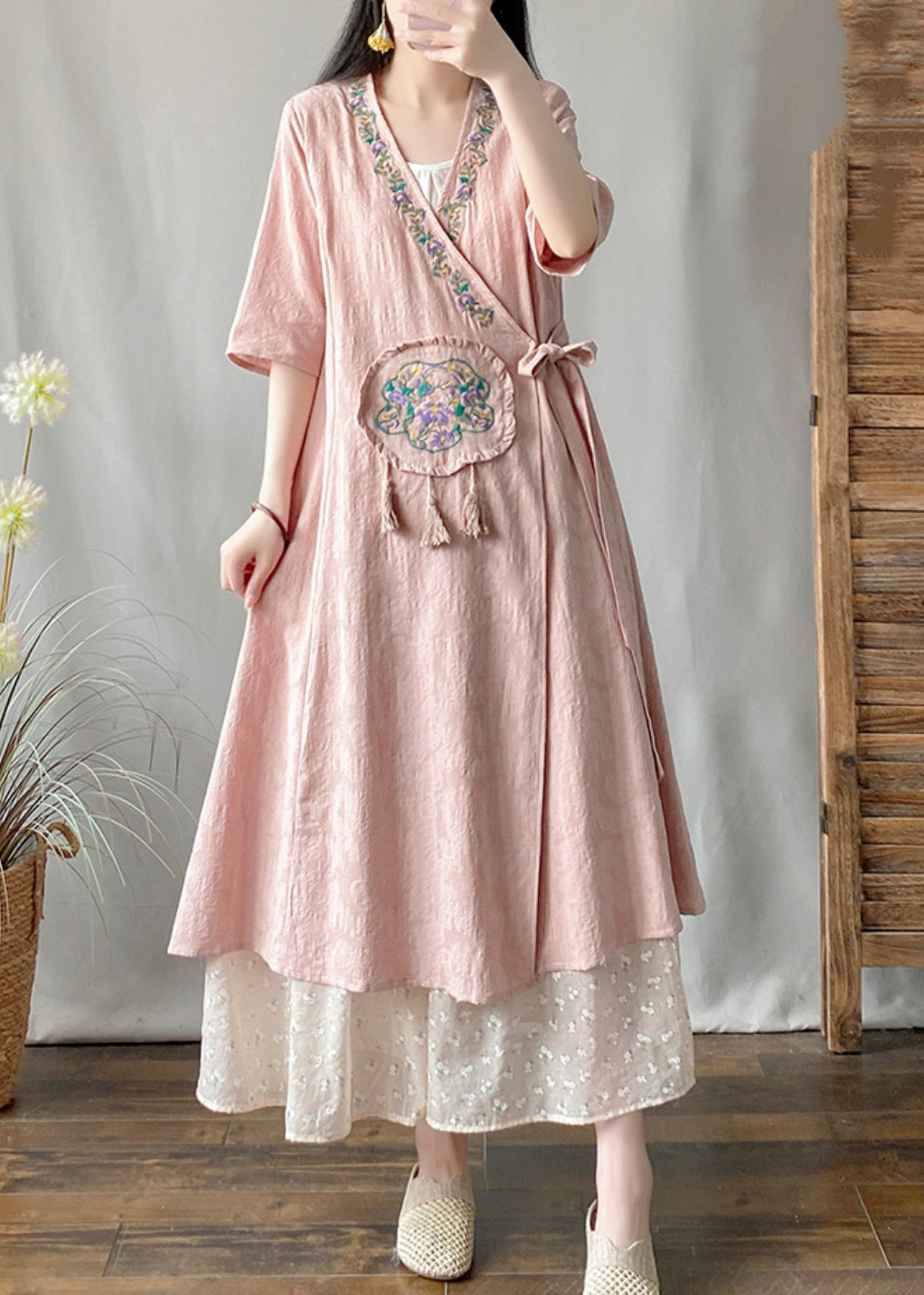 Vintage Pink Embroidered Tassel Long Cardigans Summer