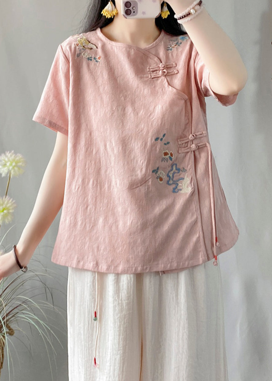 Vintage Pink Embroideried Chinese Button Patchwork Linen Top Summer