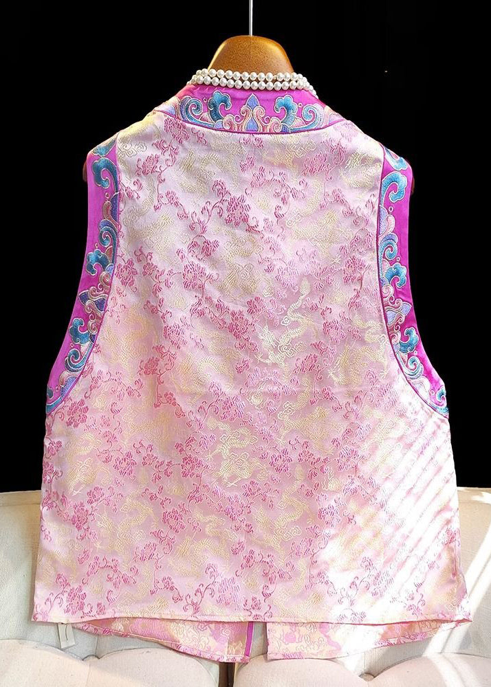 Vintage Pink Embroideried Patchwork Silk Vest Tops Sleeveless