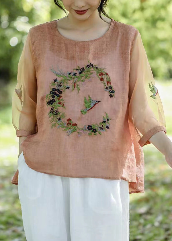 Vintage Pink Embroideried Tulle Patchwork T Shirt Half Sleeve