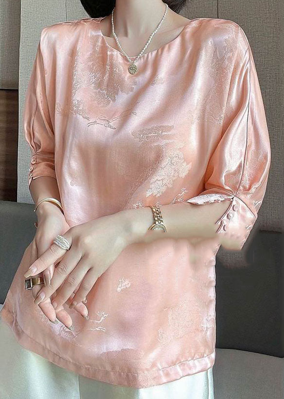 Vintage Pink O-Neck Jacquard Button Silk Blouse Tops Half Sleeve