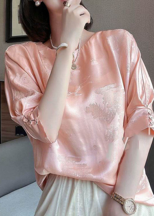 Vintage Pink O-Neck Jacquard Button Silk Blouse Tops Half Sleeve