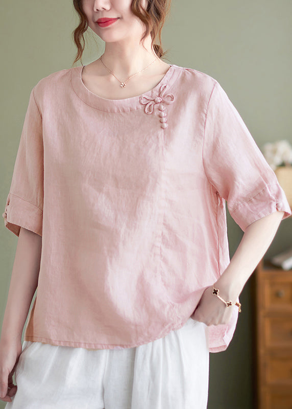Vintage Pink O Neck Patchwork Cotton T Shirt Summer - Omychic