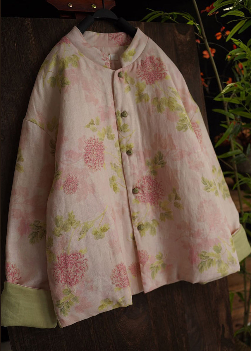 Vintage Pink O Neck Print Fine Cotton Filled Coats Long Sleeve