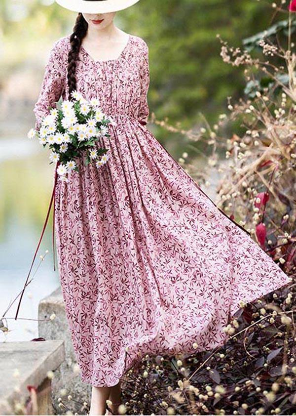 Vintage Pink Purple Print Cinched Cotton Pockets Summer Long Dresses - Omychic