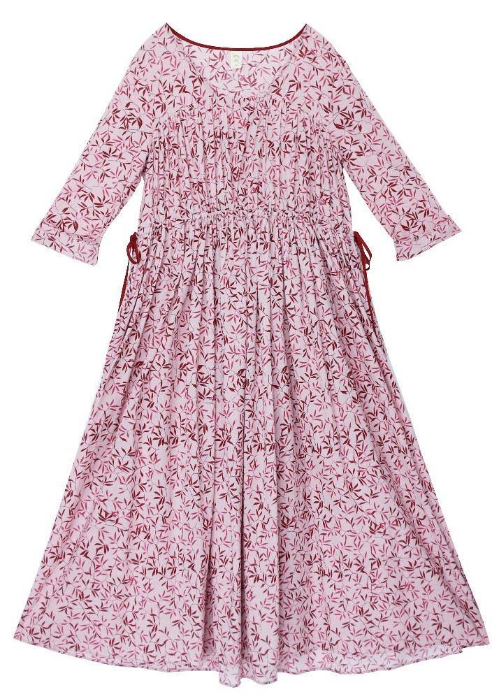 Vintage Pink Purple Print Cinched Cotton Pockets Summer Long Dresses - Omychic