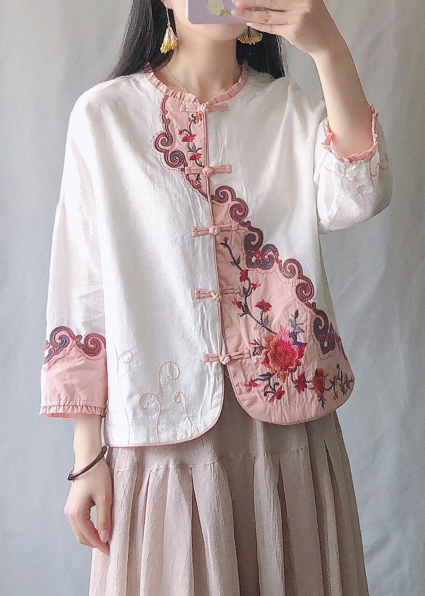 Vintage Pink Ruffled Embroideried Chinese Button Cotton Short Coat Spring