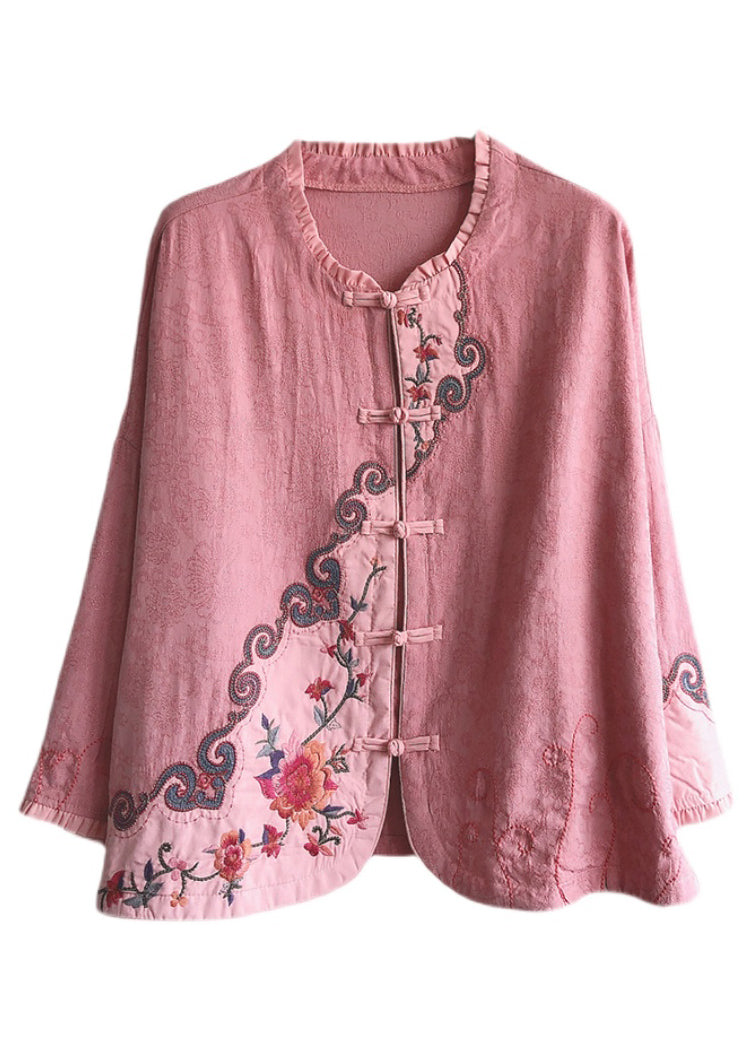 Vintage Pink Ruffled Embroideried Chinese Button Cotton Short Coat Spring
