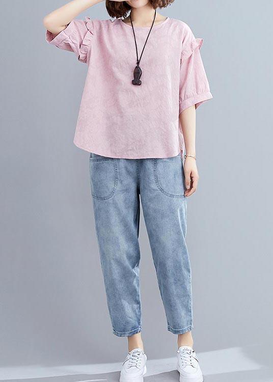 Vintage Pink Ruffles Cotton Linen Shirt Summer - Omychic
