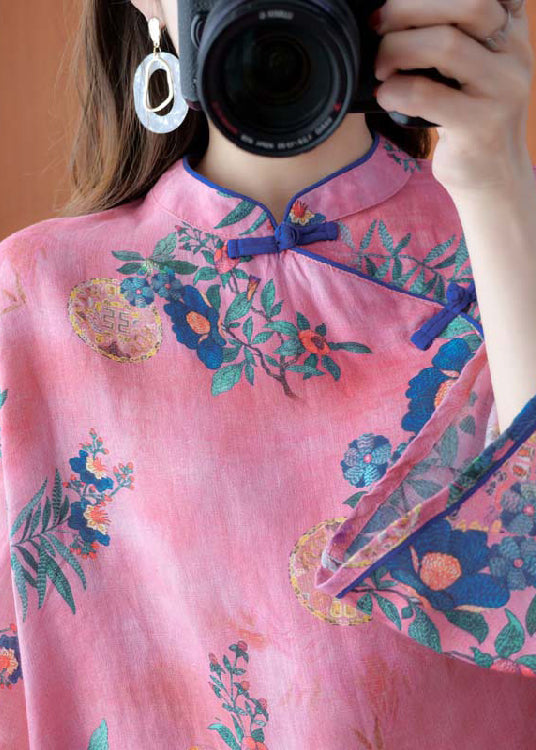 Vintage Pink Stand Collar Button Print Linen Shirt Top Long Sleeve