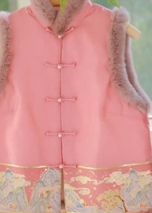 Vintage Pink Stand Collar Button Teddy Patchwork Cotton Filled Vest Sleeveless - Omychic