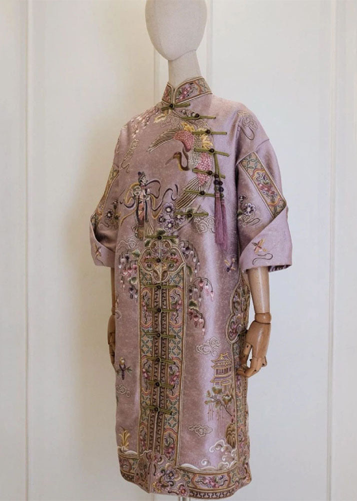 Vintage Pink Stand Collar Embroideried Button Silk Cotton Maxi Dresses Fall