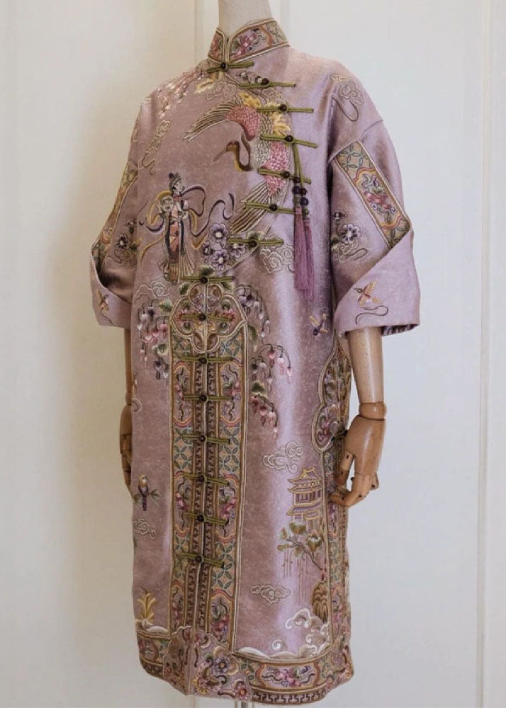 Vintage Pink Stand Collar Embroideried Button Silk Cotton Maxi Dresses Fall