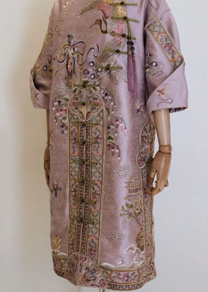 Vintage Pink Stand Collar Embroideried Button Silk Cotton Maxi Dresses Fall