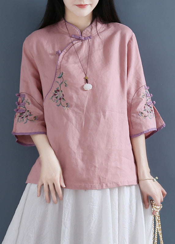 Vintage Pink Stand Collar Embroideried Button Top Long Sleeve