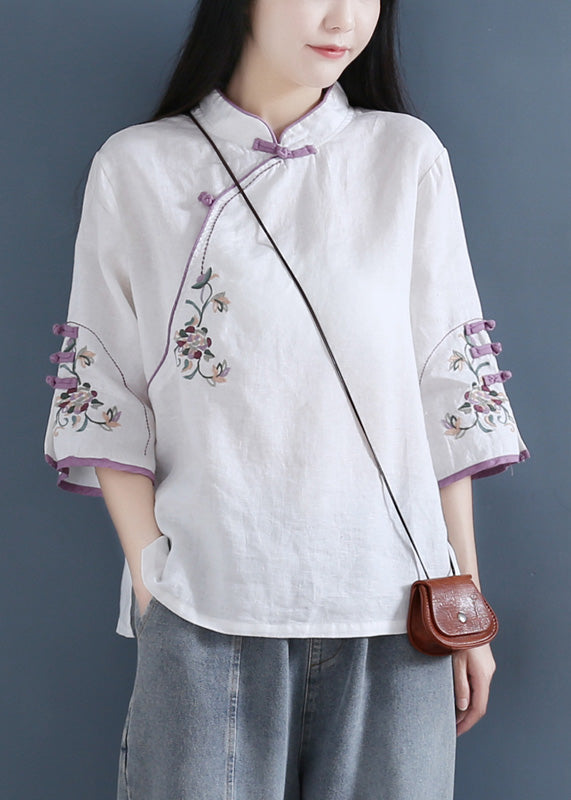 Vintage Pink Stand Collar Embroideried Button Top Long Sleeve