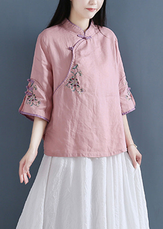 Vintage Pink Stand Collar Embroideried Button Top Long Sleeve