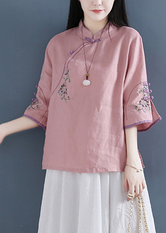Vintage Pink Stand Collar Embroideried Button Top Long Sleeve
