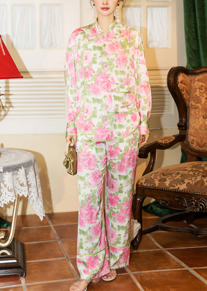 Vintage Pink Stand Collar Oversized Print Ice Silk Pajamas Two Pieces Set Spring