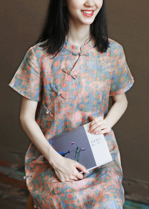 Vintage Pink Stand Collar Print Linen Cheongsam Dress Short Sleeve - Omychic