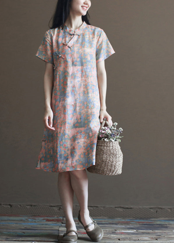 Vintage Pink Stand Collar Print Linen Cheongsam Dress Short Sleeve - Omychic