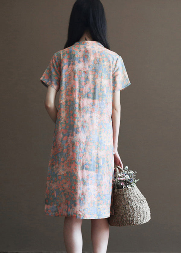 Vintage Pink Stand Collar Print Linen Cheongsam Dress Short Sleeve - Omychic
