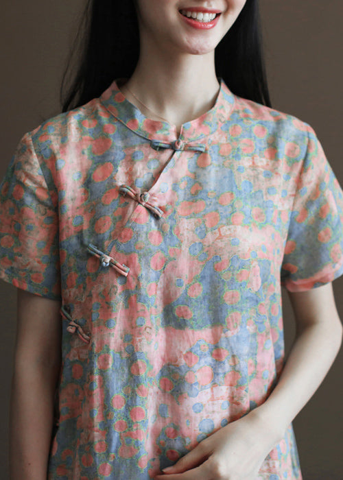 Vintage Pink Stand Collar Print Linen Cheongsam Dress Short Sleeve - Omychic