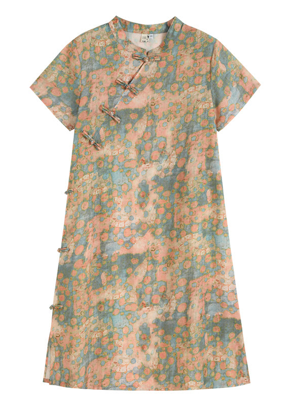 Vintage Pink Stand Collar Print Linen Cheongsam Dress Short Sleeve - Omychic