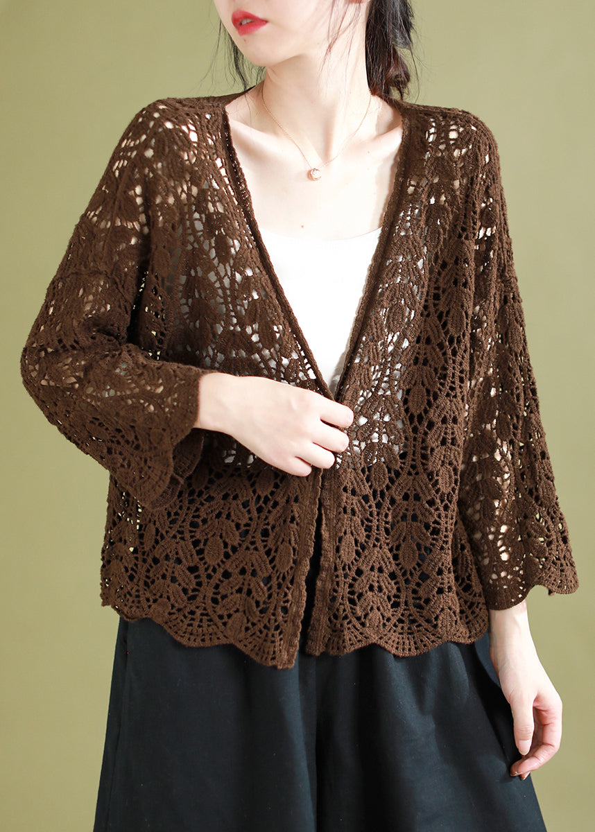 Vintage Chocolate V Neck Hollow Out Knitting Cotton Cardigans Summer