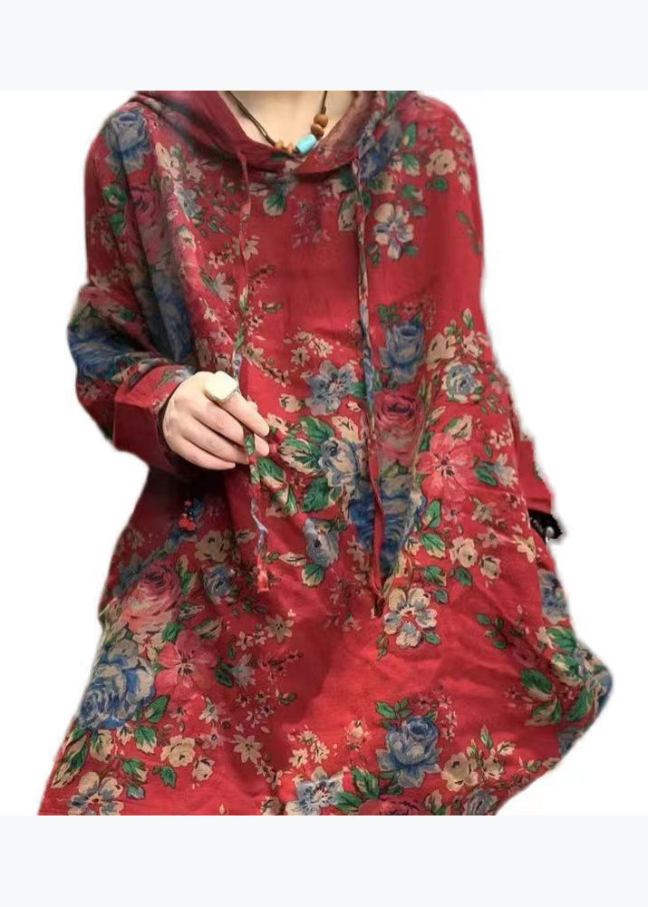 Vintage Plus Size Red Hooded Print Linen Tops Spring