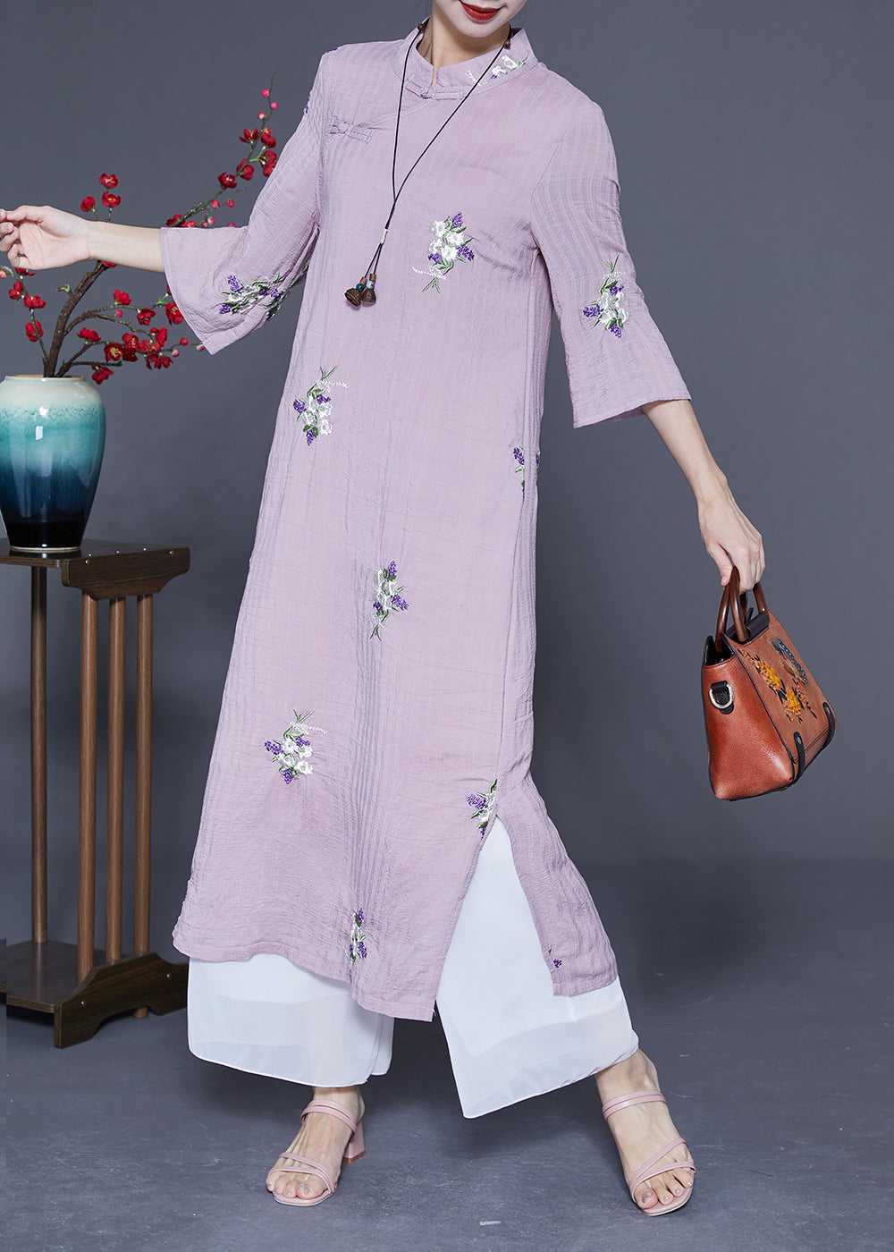 Vintage Purple Embroideried Chinese Button Linen Long Dresses Bracelet Sleeve