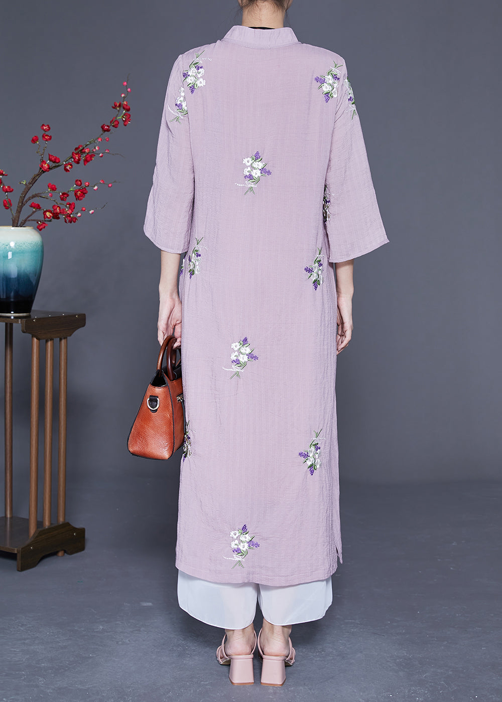 Vintage Purple Embroideried Chinese Button Linen Long Dresses Bracelet Sleeve