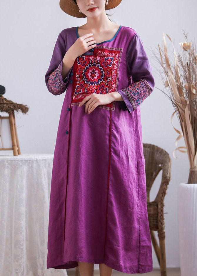 Vintage Purple Embroideried Chinese Button Patchwork Linen Long Dresses Summer