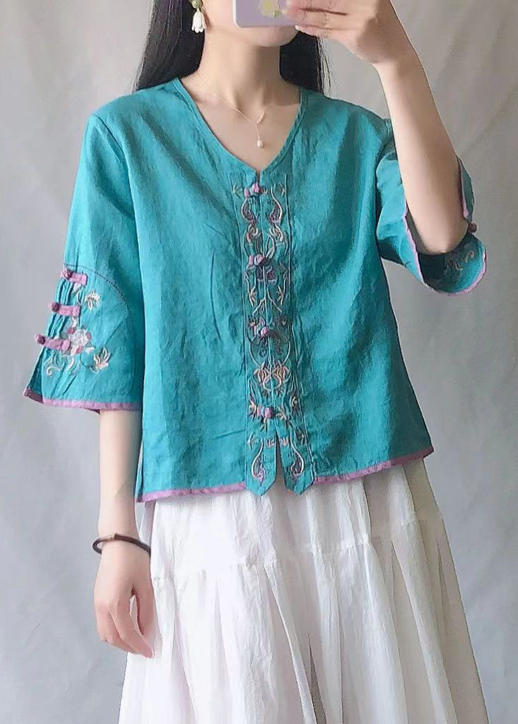 Vintage Purple Embroideried Chinese Button Patchwork Linen Shirt Top Summer