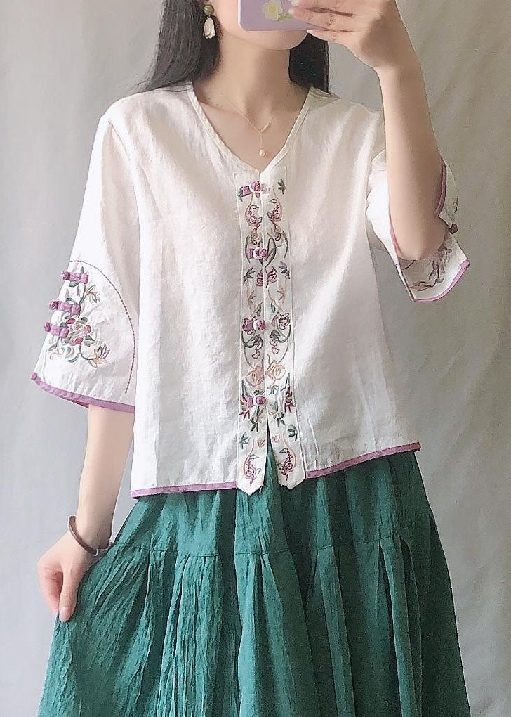 Vintage Purple Embroideried Chinese Button Patchwork Linen Shirt Top Summer