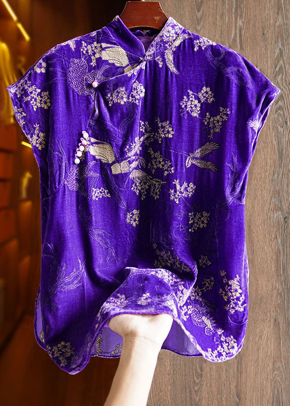 Vintage Purple Embroideried Nail Bead Button Silk Velour Shirt Short Sleeve