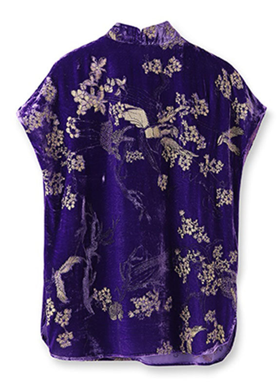 Vintage Purple Embroideried Nail Bead Button Silk Velour Shirt Short Sleeve