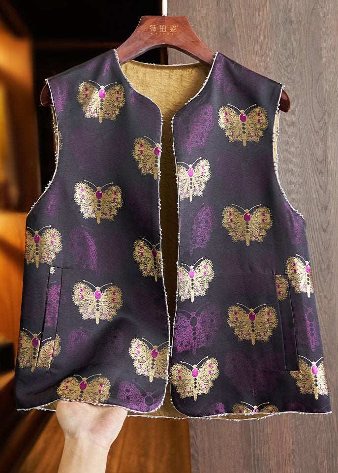 Vintage Purple Embroideried Nail Bead Silk Waistcoat Fall